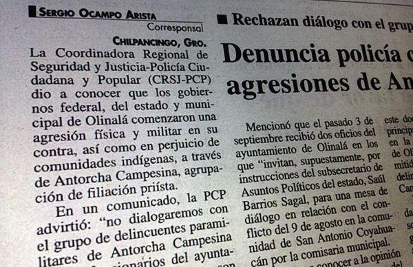 Carta aclaratoria al diario La Jornada: Antorcha rechaza las acusaciones de Policía Ciudadana de Olinalá, Guerrero.